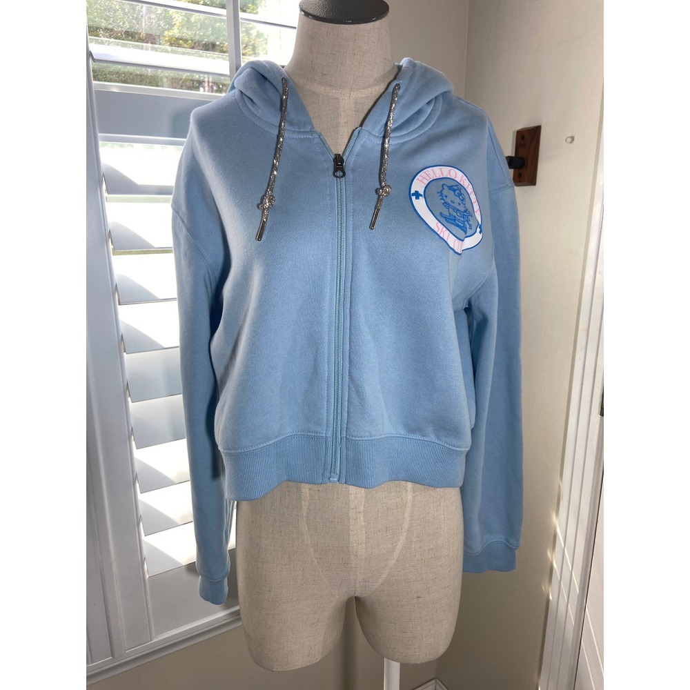 Sanrio Hello Kitty Ski Club Hoodie Sz M Blue Cropped Zip Up Y2K Kawaii Bioworld